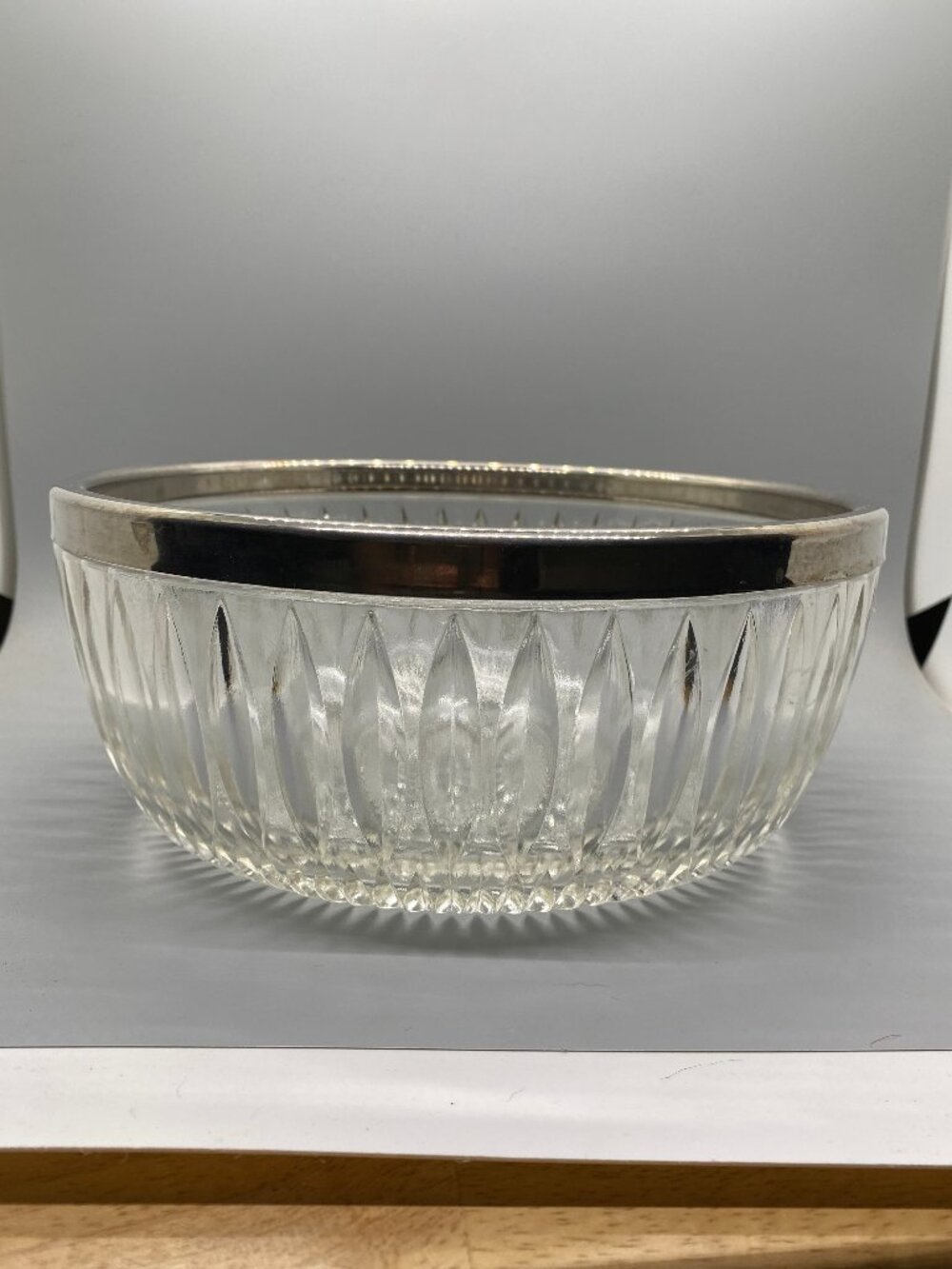 Vintage Diamond Cut Glass Serving Bowl Silver Plate Rim 3.75" x 9"
